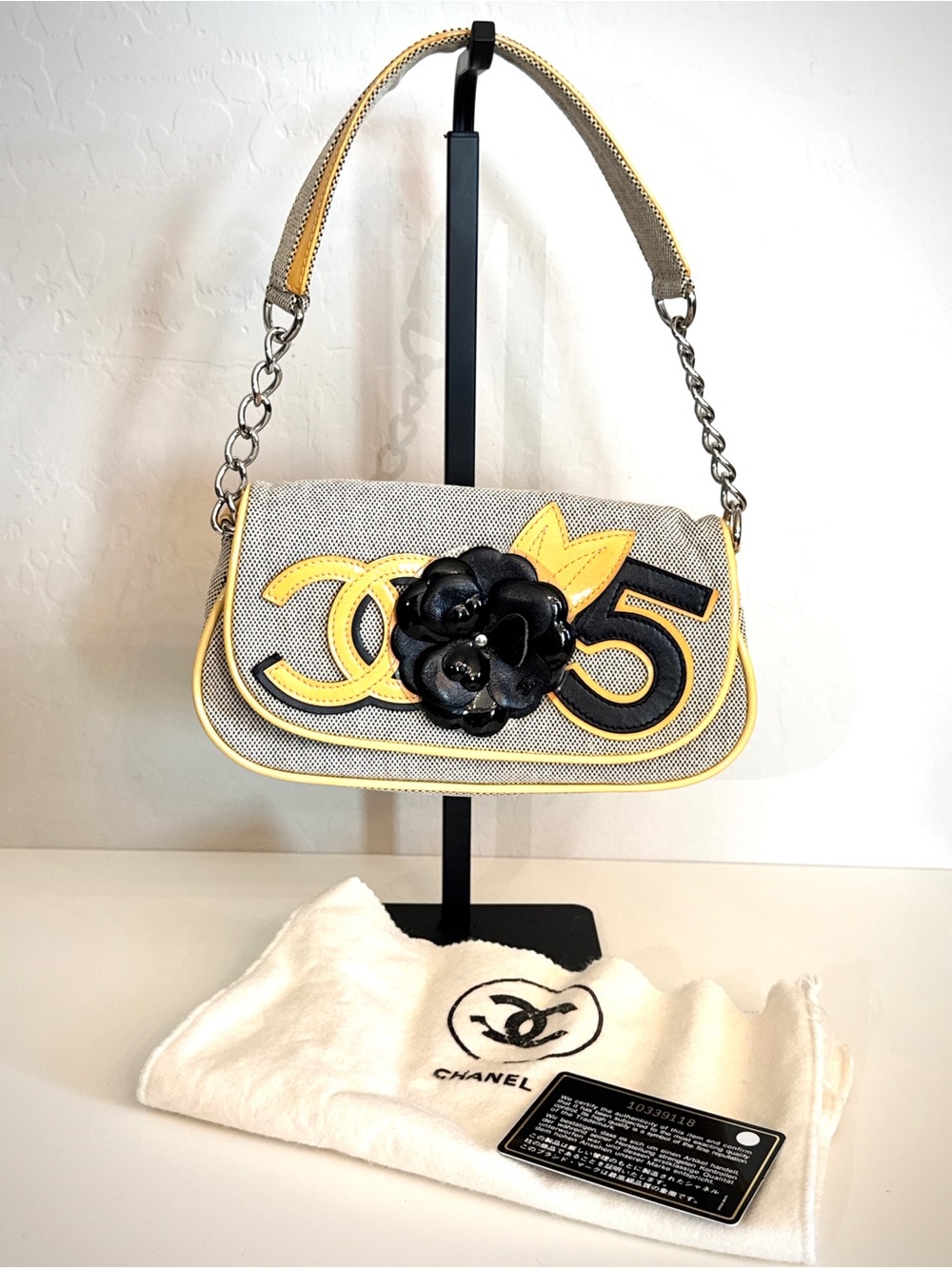 CHANEL 2005-2006 No.5 Camellia CC Canvas Shoulder Bag + Authenticity Card & dust